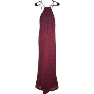 Trixxi Burgundy Lace Maxi Dress Size 7 Halter Open Back Prom Formal Gown